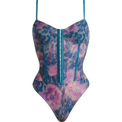 Free People Intimately Fp Floral Mesh Bodysuit In Deep Lagoon Combo