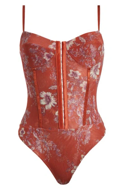 Free People Intimately Fp Floral Mesh Bodysuit In Tomato Combo