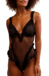 Free People Intimately Fp Heart To Heart Ruffle Dotted Mesh Teddy In Black
