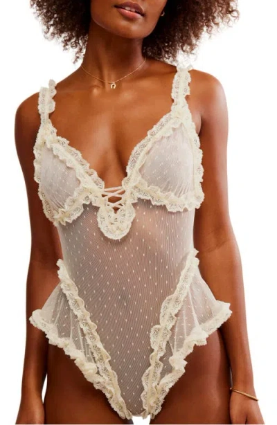 Free People Intimately Fp Heart To Heart Ruffle Dotted Mesh Teddy In Ivory