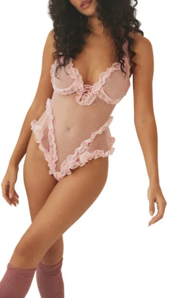 Free People Intimately Fp Heart To Heart Ruffle Dotted Mesh Teddy In Pink