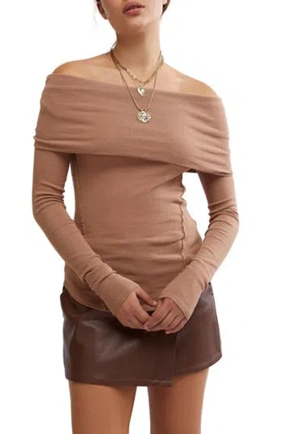 Free People Iris Off The Shoulder Long Sleeve Cotton Blend Knit Top In Brown