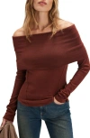 Free People Iris Off The Shoulder Long Sleeve Cotton Blend Knit Top In Chocolate Fondant