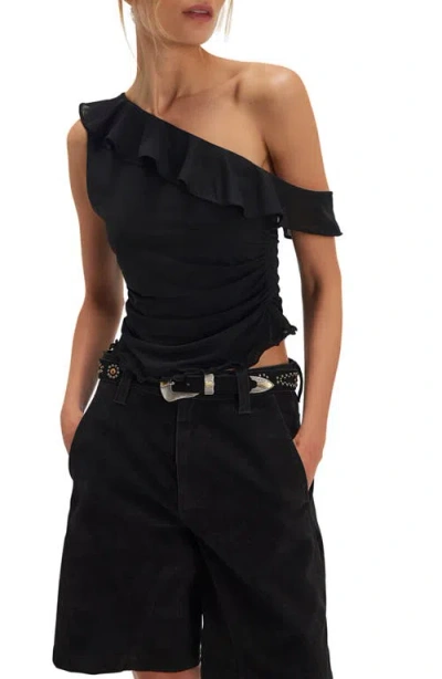 Free People Isla Ruffle One-shoulder Crop Top In Black