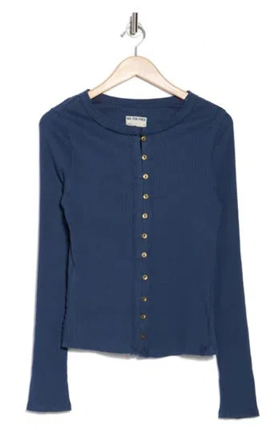 Free People It's On Thermal Rib Button-up Shirt In Navy