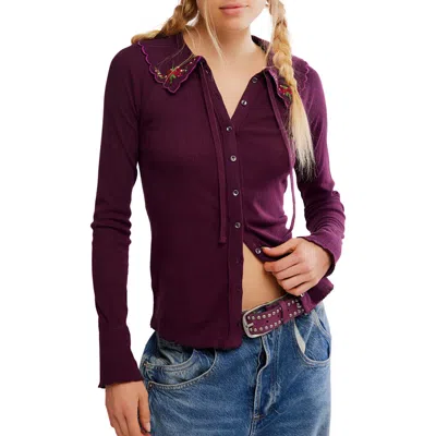 Free People Juniper Embroidered Pointelle Cotton Button-up Top In Purple