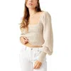 Free People Katie Womens Bishop Sleeve Ribbed Knit Pullover Sweater In Beige