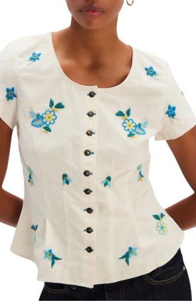 Free People Kelly Floral Embroidered Cotton Peplum Top In Ivory