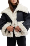Free People Kiki Faux Leather Jacket With High Pile Fleece Trim In Black Combo