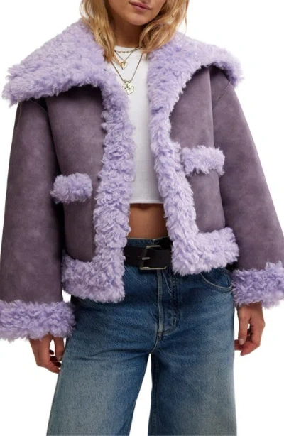 Free People Kiki Faux Leather Jacket With High Pile Fleece Trim In Lilac Combo
