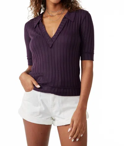 Free People Krystal Polo Collared Short Sleeve Top In Moonscape Combo In Purple