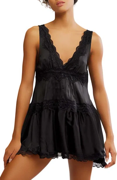 Free People Lace Trim Satin Mini Slipdress In Black
