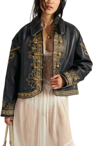 Free People Lana Embroidered Leather Jacket In Black