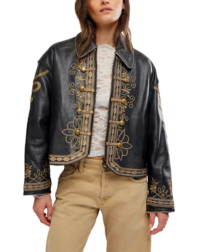 Free People Womens Lana Embroidered Leather Jacket Black In Blue