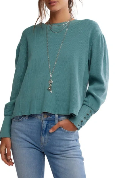 Free People Lapis Lace-up Cuff Cotton Thermal Top In Green