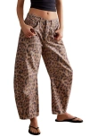 Free People Leopard Print Barrel Leg Jeans In Brown Sugar Combo