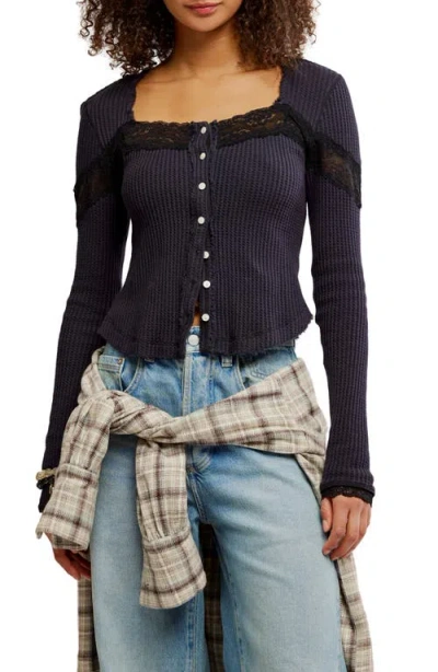 Free People Let's Party Lace Trim Cotton Waffle Cardigan In Blue
