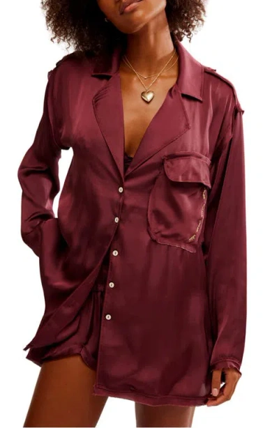 Free People Like Honey Long-sleeve Satin Pajama Shirt In Acai