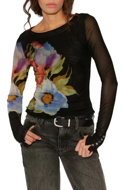 Free People Lilly Print Long Sleeve Mesh Top In Black