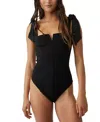 Free People Lola Shoulder Tie Seamed Bodysuit In Black