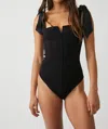 Free People Lola Shoulder Tie Seamed Bodysuit In Black