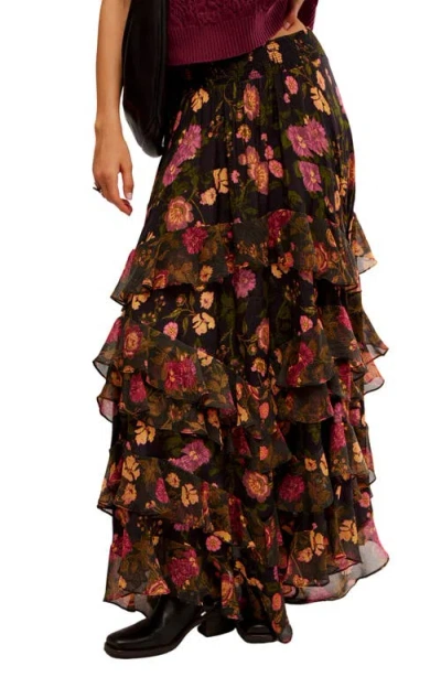 Free People Lolita Floral Ruffle Maxi Skirt In Wash Black Combo
