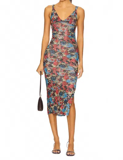 Free People Long Live Printed Mesh Slip Dress In Black Combo In Blue