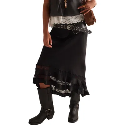 Free People Long Lost Lover Lace Detail Satin Slip Skirt In Black