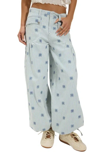 Free People Lotus Embroidered Railroad Stripe Balloon Jeans In Indigo Rain In Blue