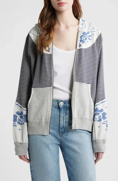 Free People Lydia Mixed Media Zip-up Hooded Sweater In Grey In Multi