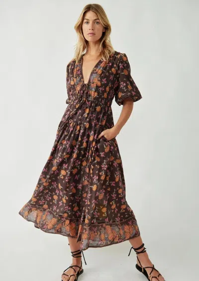 Free People Lysette Maxi Dress Women's Brown Floral Cotton Ruched Erk1189