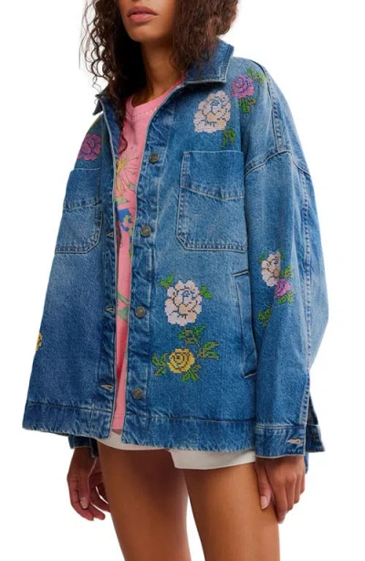 Free People Madison Embroidered Denim City Jacket In Blue