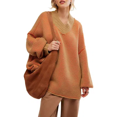 Free People Maisie Oversize Sweater In Camel Tangerine Comb