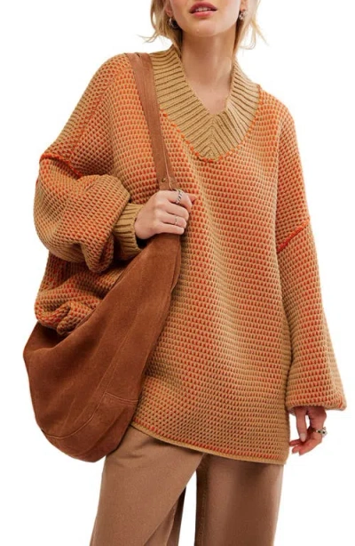 Free People Maisie Oversize Sweater In Camel Tangerine Comb