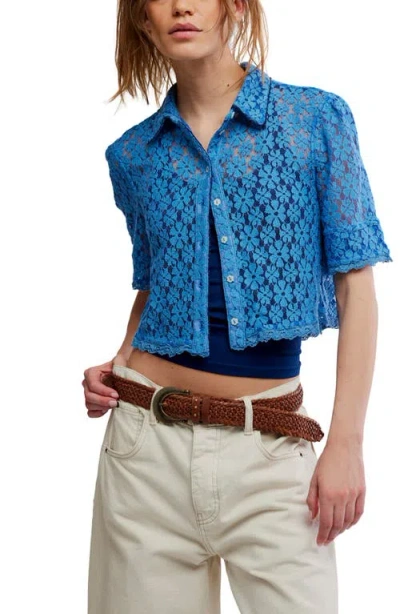 Free People Mannie Floral Lace Button-up Crop Shirt In Blue
