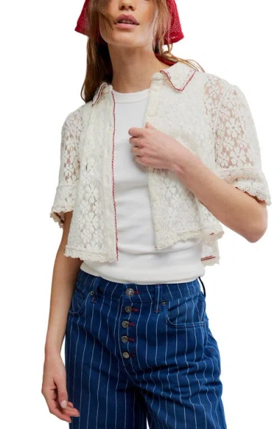 Free People Mannie Floral Lace Button-up Crop Shirt In Multi