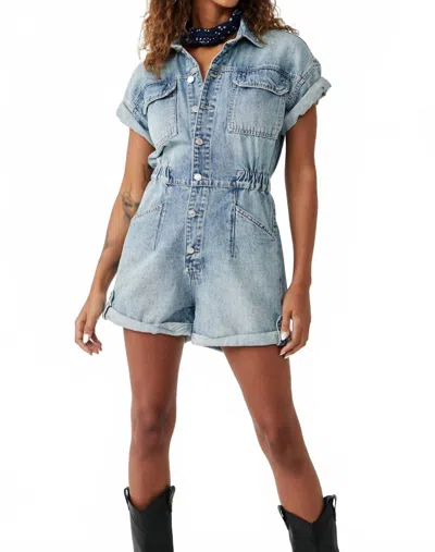 Free People Marci Button Front Cuffed Shortall Romper In Marakesh Blue