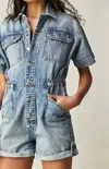 Free People Marci Button Front Cuffed Shortall Romper In Marakesh Blue In Multi