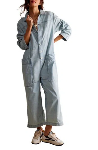 Free People Margarita Long Sleeve Denim Jumpsuit In Light Blue Beam