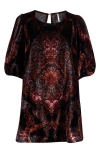 Free People Maye Print Puff Sleeve Velvet Tunic Top In Brown