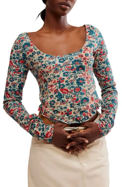 Free People Melanie Floral Long Sleeve Crop Shirt In Sand Combo