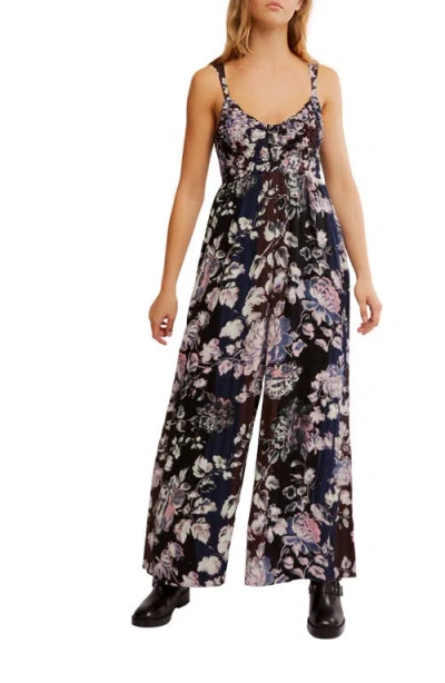 Free People Melrose Smocked Wide Leg Jumpsuit In Midnight Garden Comb