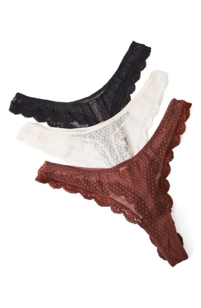 Free People Mid Week 3-pack Lace Thongs In Black/ White/ Brown