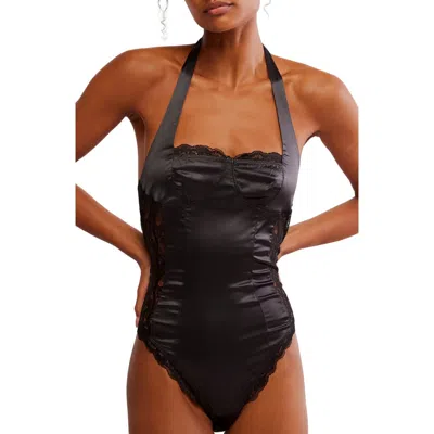 Free People Midnight Muse Lace Inset Satin Bodysuit In Black