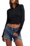 Free People Midnight Stretch Cotton Half Zip Crop Top In Black