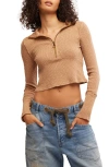 Free People Midnight Stretch Cotton Half Zip Crop Top In Tobacco