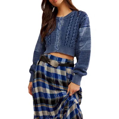 Free People Mixed Media Cotton Blend Cable Cardigan In Indigo