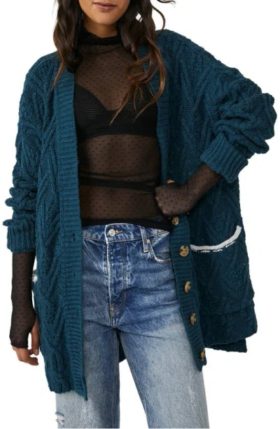 Free People Montana Cable Cotton Cardigan In Varsity Navy