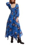 Free People Morning Glory Floral Smocked Long Sleeve Maxi Dress In Blue