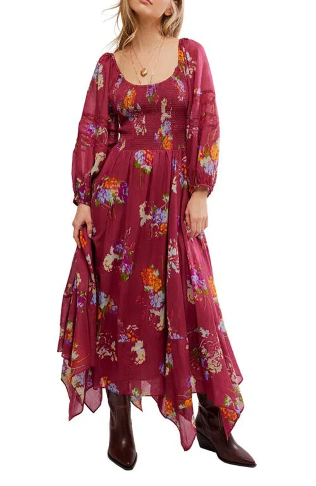 Free People Morning Glory Floral Smocked Long Sleeve Maxi Dress In Red |  ModeSens